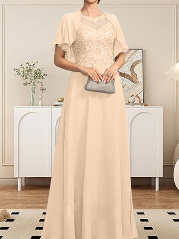A-line Scoop Illusion Floor-Length Lace Chiffon Mother of the Bride Dress With Sequins