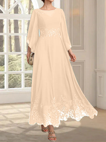 A-line Scoop Illusion Ankle-Length Lace Chiffon Mother of the Bride Dress With Sequins