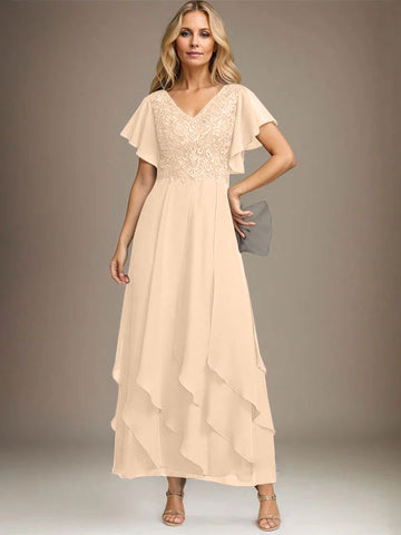 A-line V-Neck Ankle-Length Lace Chiffon Mother of the Bride Dress With Cascading Ruffles
