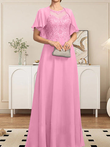 A-line Scoop Illusion Floor-Length Lace Chiffon Mother of the Bride Dress With Sequins