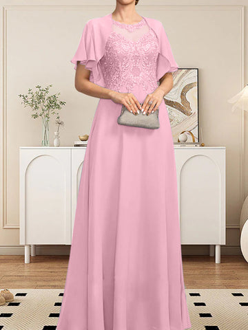 A-line Scoop Illusion Floor-Length Lace Chiffon Mother of the Bride Dress With Sequins
