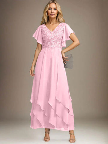 A-line V-Neck Ankle-Length Lace Chiffon Mother of the Bride Dress With Cascading Ruffles