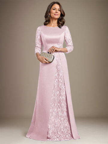 A-Line Scoop Floor-Length Lace Satin Mother Of the Bride Dress With Applique