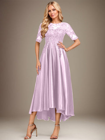 A-line Scoop Illusion Asymmetrical Stretch Satin Lace Mother of the Bride Dress With Sequins