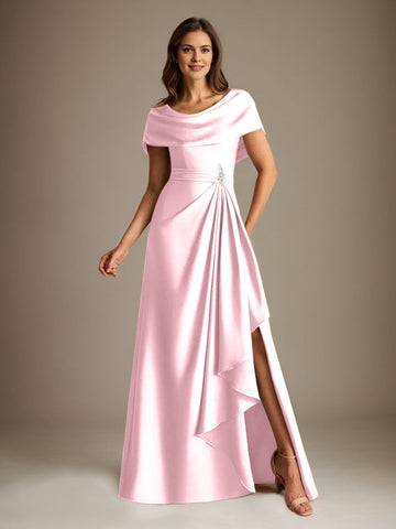 A-Line Scoop Floor-Length Stretch Satin Mother of the Bride Dress With Cascading Ruffles