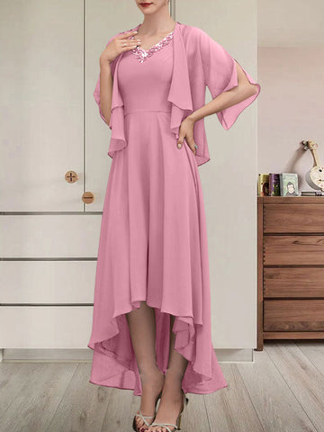 A-line V-Neck Asymmetrical Chiffon Mother of the Bride Dress With Beading Sequins