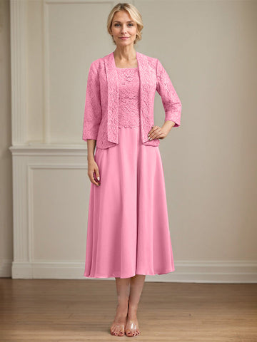 A-line Scoop Tea-Length Lace Chiffon Mother of the Bride Dress