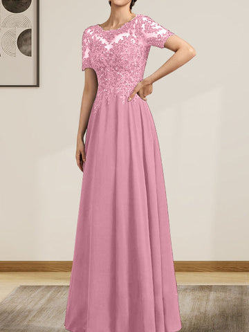 A-line Scoop Illusion Floor-Length Chiffon Lace Mother of the Bride Dress With Sequins Beading