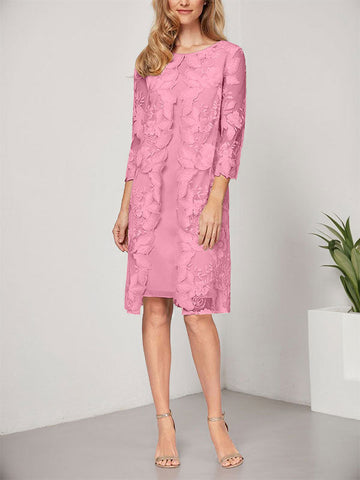 Vestido de corte A, escote redondo, largo hasta la rodilla, de gasa y encaje, para la madre de la novia, con chaqueta. 