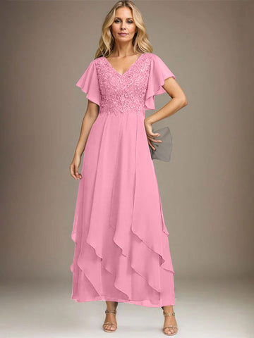 A-line V-Neck Ankle-Length Lace Chiffon Mother of the Bride Dress With Cascading Ruffles