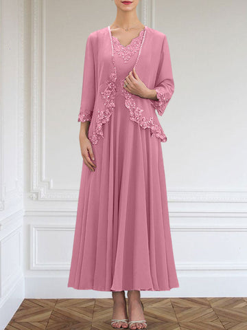 A-line V-Neck Ankle-Length Chiffon Mother of the Bride Dress With Sequins Appliques Lace Beading