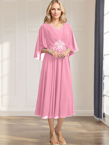 A-line V-Neck Tea-Length Chiffon Mother of the Bride Dress With Pleated Sequins Appliques Lace Beadind