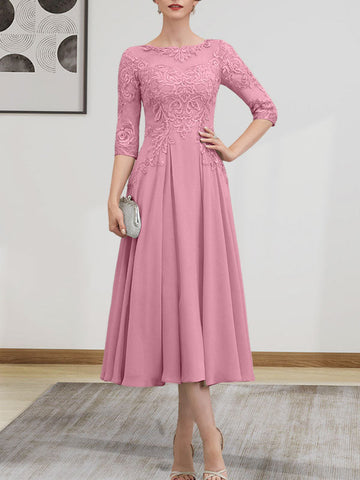 A-line Scoop Illusion Tea-Length Chiffon Lace Mother of the Bride Dress With Beading Sequins