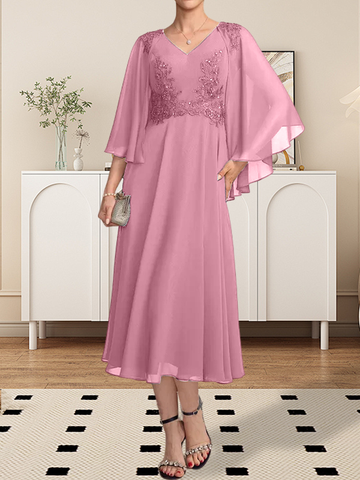 A-line V-Neck Tea-Length Chiffon Lace Mother of the Bride Dress With Beading Sequins