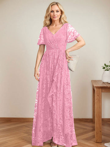 Vestido de novia de encaje asimétrico con escote en V y corte en A para la madre de la novia, con volantes en cascada. 