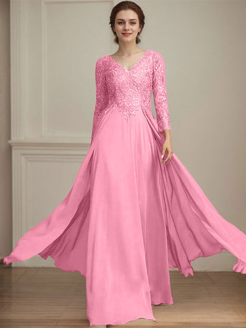 A-line V-Neck Floor-Length Lace Chiffon Mother of the Bride Dress With Sequins