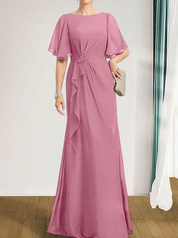 A-line Scoop Floor-Length Chiffon Mother of the Bride Dress With Cascading Ruffles Beading Sequins