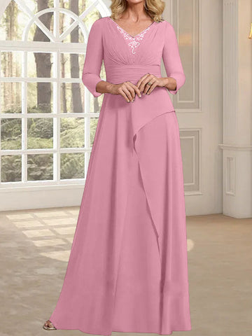 A-line V-Neck Floor-Length Chiffon Mother of the Bride Dress With Pleated Beading