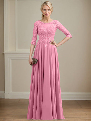 A-line Scoop Illusion Floor-Length Lace Chiffon Mother of the Bride Dress With Sequins