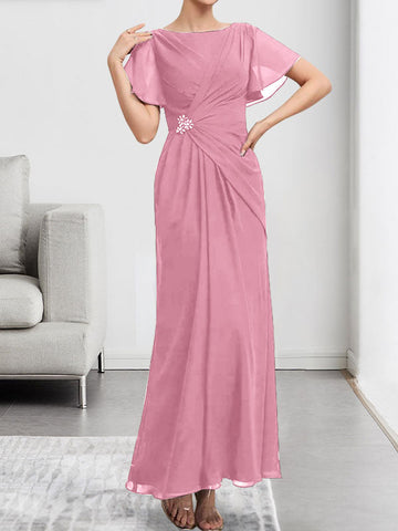 A-line Scoop Ankle-Length Chiffon Mother of the Bride Dress With Beading Pleated