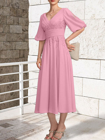A-line V-Neck Tea-Length Lace Chiffon Mother of the Bride Dress With Pleated