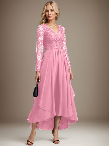 A-line V-Neck Asymmetrical Lace Chiffon Mother of the Bride Dress