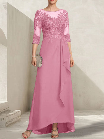 A-line Scoop Illusion Asymmetrical Lace Chiffon Mother of the Bride Dress With Sequins Cascading Ruffles