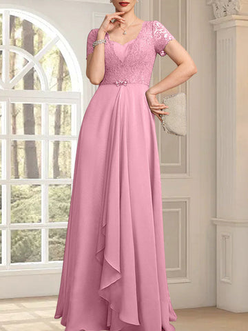 A-line Sweetheart Floor-Length Chiffon Lace Mother of the Bride Dress With Beading Cascading Ruffles
