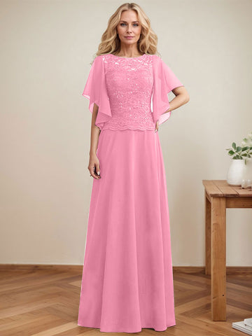 A-line Scoop Illusion Floor-Length Lace Chiffon Mother of the Bride Dress With Sequins