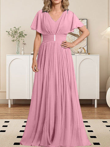 A-line V-Neck Floor-Length Chiffon Mother of the Bride Dress With Crystal Brooch Pleated
