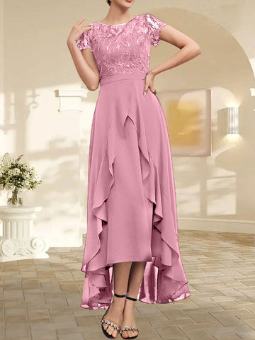 A-line Scoop Illusion Asymmetrical Chiffon Lace Mother of the Bride Dress With Bow Ruffle Sequins