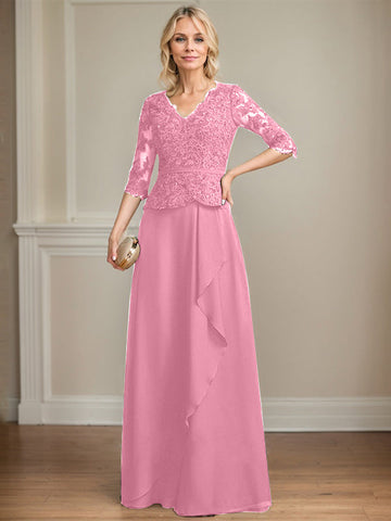 A-line V-Neck Floor-Length Lace Chiffon Mother of the Bride Dress With Cascading Ruffles Sequins