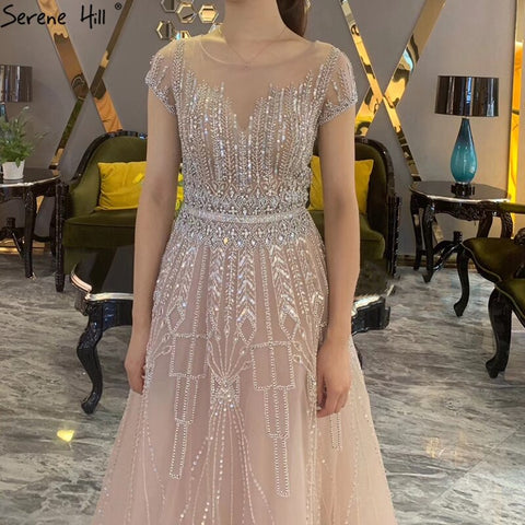 Pink A-Line Luxury Beading Sparkle Evening Dresses 2025 Dubai O-Neck Cap Sleeves Formal Dress LA70580