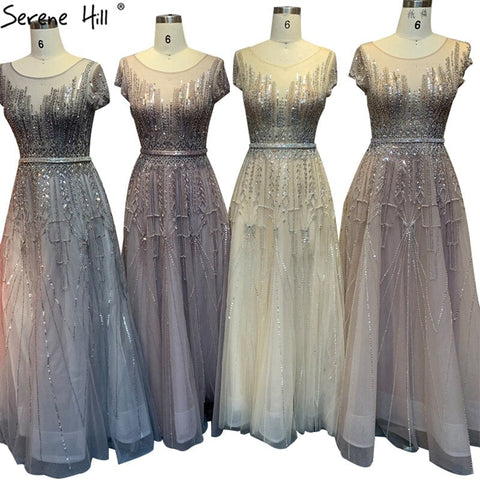 Pink A-Line Luxury Beading Sparkle Evening Dresses 2025 Dubai O-Neck Cap Sleeves Formal Dress LA70580