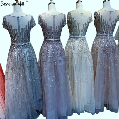 Pink A-Line Luxury Beading Sparkle Evening Dresses 2025 Dubai O-Neck Cap Sleeves Formal Dress LA70580