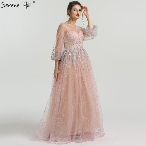 On Sale No Return No Refund Pink Glitter Longer Sleeves Sexy  A-line Evening Dresses 2025 O-Neck Fashion Tulle Evening Gown Real Photo LA6344