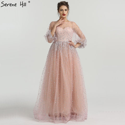 On Sale No Return No Refund Pink Glitter Longer Sleeves Sexy  A-line Evening Dresses 2025 O-Neck Fashion Tulle Evening Gown Real Photo LA6344