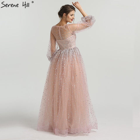 On Sale No Return No Refund Pink Glitter Longer Sleeves Sexy  A-line Evening Dresses 2025 O-Neck Fashion Tulle Evening Gown Real Photo LA6344