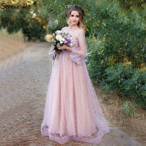 On Sale No Return No Refund Pink Glitter Longer Sleeves Sexy  A-line Evening Dresses 2025 O-Neck Fashion Tulle Evening Gown Real Photo LA6344