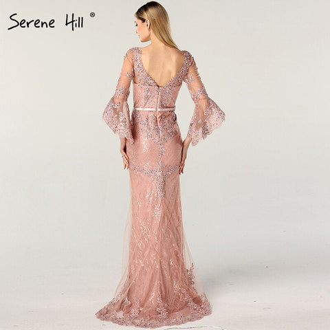 On Sale no return no refundSale Pink Lace Diamond Long Sleeves Evening Gowns Long V-Neck Sexy Evening Dress For Women 2025 LA60710