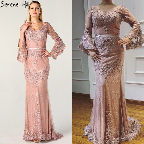 On Sale no return no refundSale Pink Lace Diamond Long Sleeves Evening Gowns Long V-Neck Sexy Evening Dress For Women 2025 LA60710
