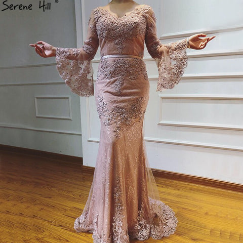 On Sale no return no refundSale Pink Lace Diamond Long Sleeves Evening Gowns Long V-Neck Sexy Evening Dress For Women 2025 LA60710