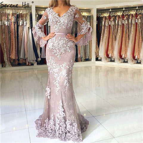 On Sale no return no refundSale Pink Lace Diamond Long Sleeves Evening Gowns Long V-Neck Sexy Evening Dress For Women 2025 LA60710