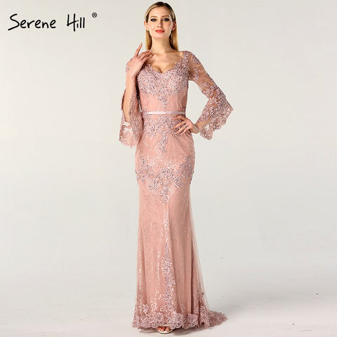 On Sale no return no refundSale Pink Lace Diamond Long Sleeves Evening Gowns Long V-Neck Sexy Evening Dress For Women 2025 LA60710
