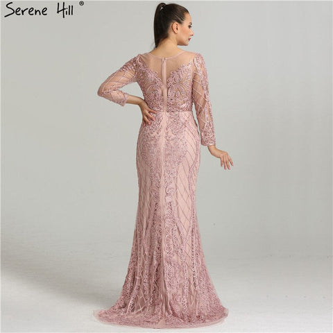 On Sale No Return No Refund Pink Long Sleeves Pearls Crystal Evening Gowns 2025 Mermaid Sexy Elegant  Formal Evening Dress LA6274 Plus Size