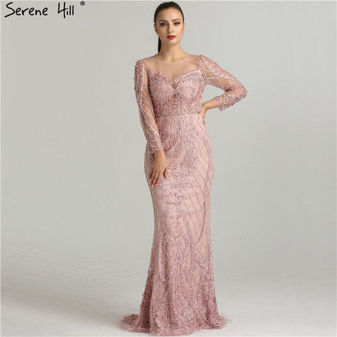 On Sale No Return No Refund Pink Long Sleeves Pearls Crystal Evening Gowns 2025 Mermaid Sexy Elegant  Formal Evening Dress LA6274 Plus Size