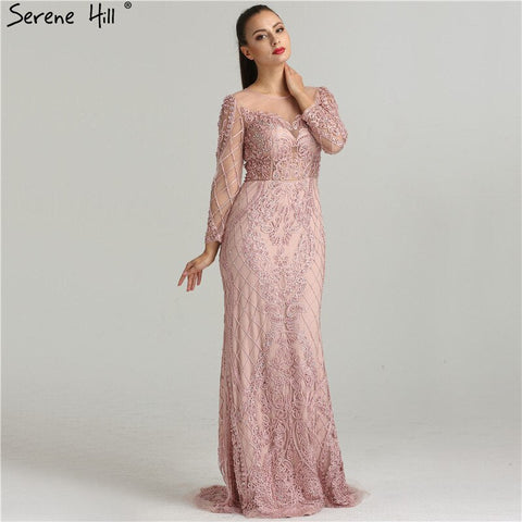 On Sale No Return No Refund Pink Long Sleeves Pearls Crystal Evening Gowns 2025 Mermaid Sexy Elegant  Formal Evening Dress LA6274 Plus Size