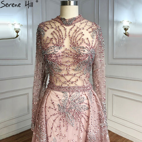 Pink Mermaid Crystal Long Sleeves Evening Dresses 2025 Dubai High Neck Sparkle Formal Dress LA70582