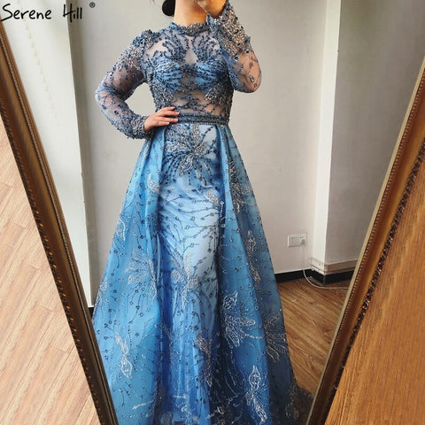 Pink Mermaid Crystal Long Sleeves Evening Dresses 2025 Dubai High Neck Sparkle Formal Dress LA70582