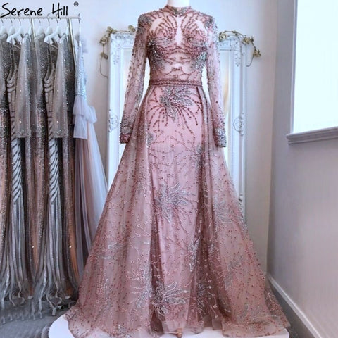 Pink Mermaid Crystal Long Sleeves Evening Dresses 2025 Dubai High Neck Sparkle Formal Dress LA70582